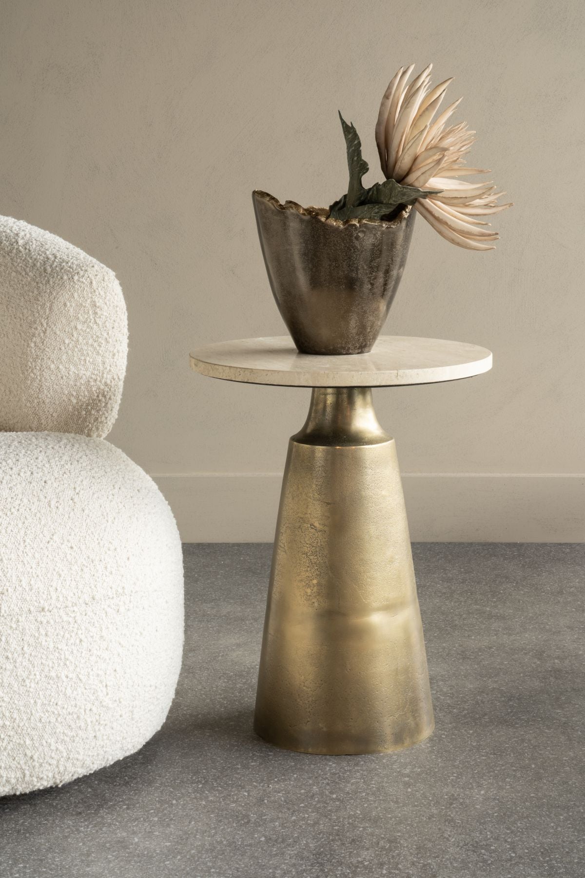 CAVA Antique Brass and Light Travertine Side Table Small 40cm